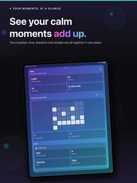 Statistics with bubbles popped, sessions, streaks and an activity calendar on iPad