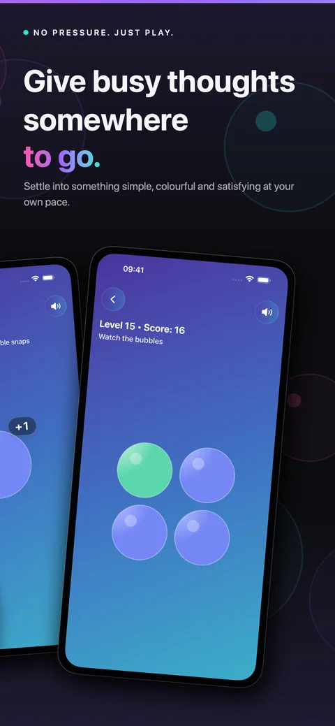 Colourful bubble gameplay with level and score indicators on iPhone