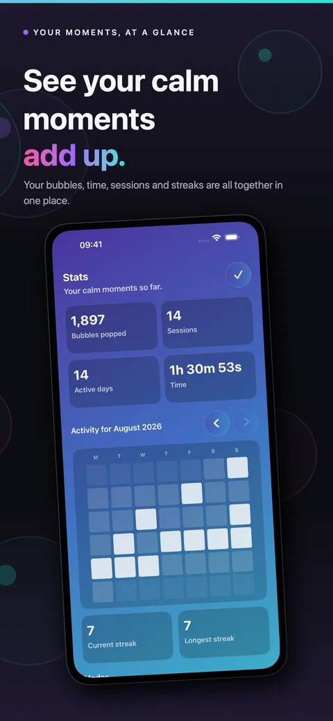 Statistics with bubbles popped, sessions, streaks and an activity calendar on iPhone