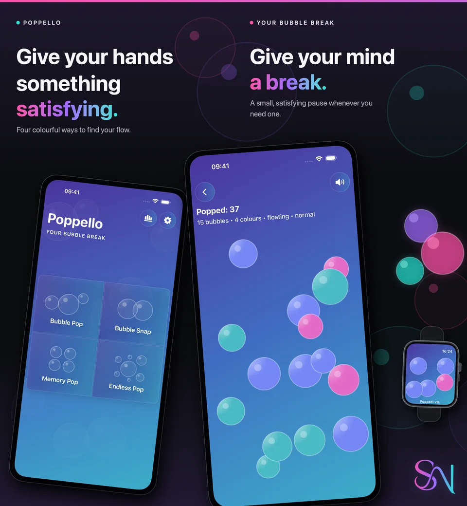 Give your hands something satisfying. Give your mind a break. Poppello’s menu and bubble play on iPhone and Apple Watch